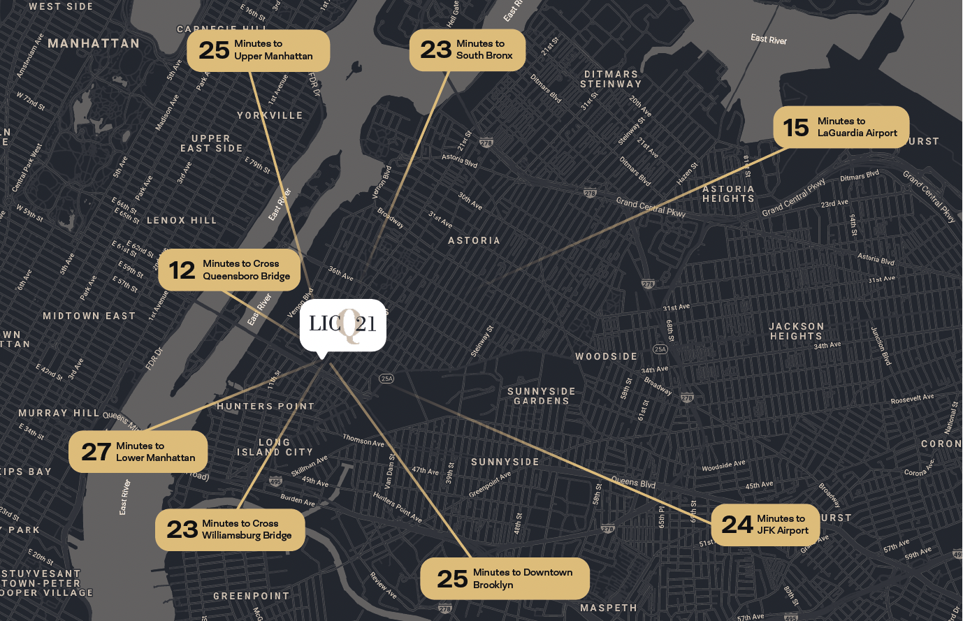 Map showing drive times from LICQ21 to Manhattan, Brooklyn, the Bronx and NYC airports